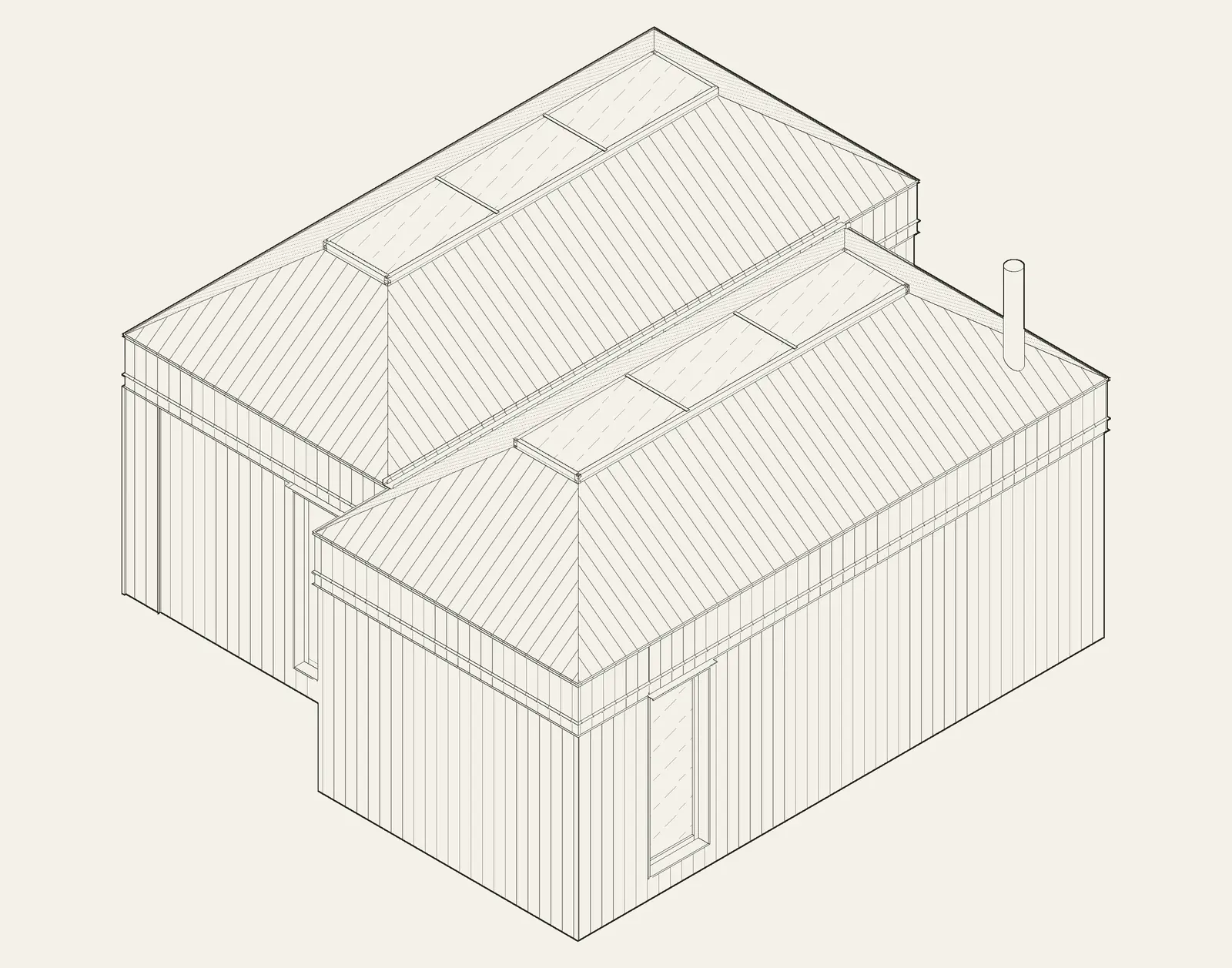 DN50 axonometric drawing showing two offset hip roofs and rooflights