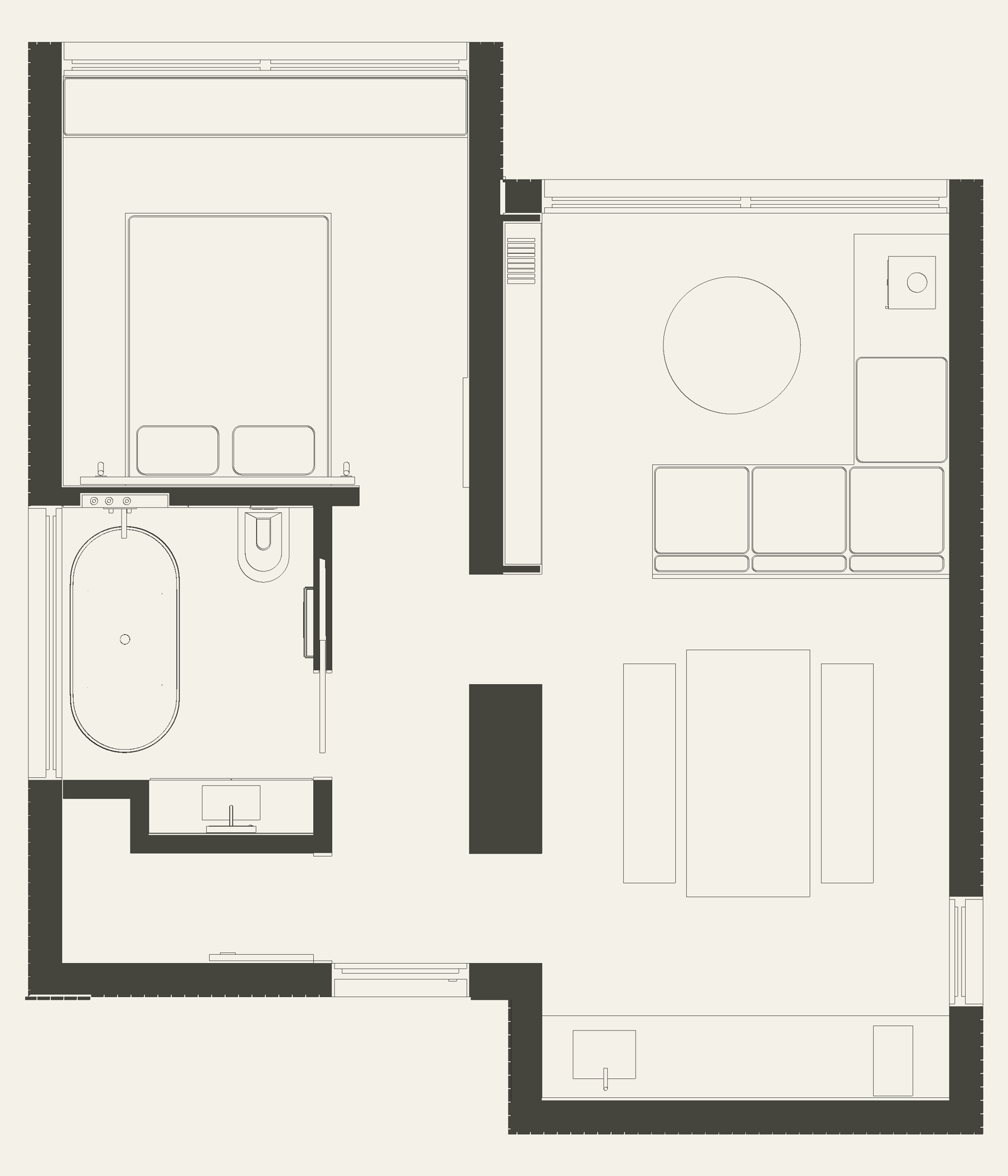 DN50 floor plan showing the bedroom and bathroom wing beside the living, dining and kitchen wing