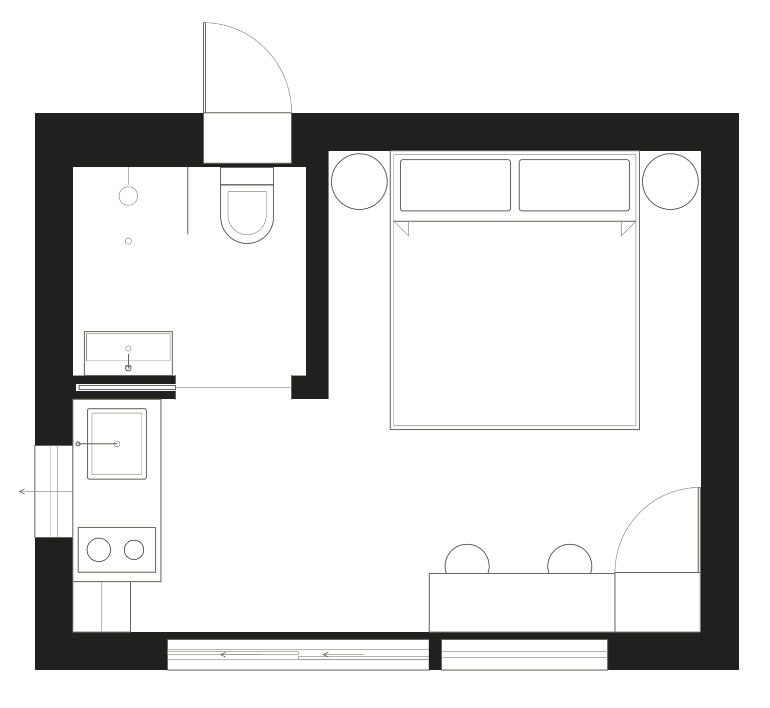 Doon 18 floor plan showing a double bed, kitchen, dining area and wet room