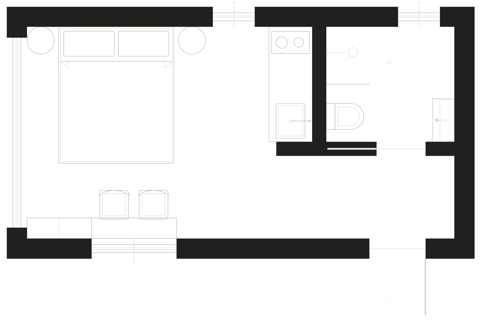 Doon 23 floor plan showing a double bed, kitchen, dining area and wet room